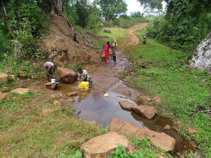 Blick auf einen Waldweg mit Wasserstelle im Vordergrund. Kinder mit Kanistern knien am Boden und schöpfen Wasser.