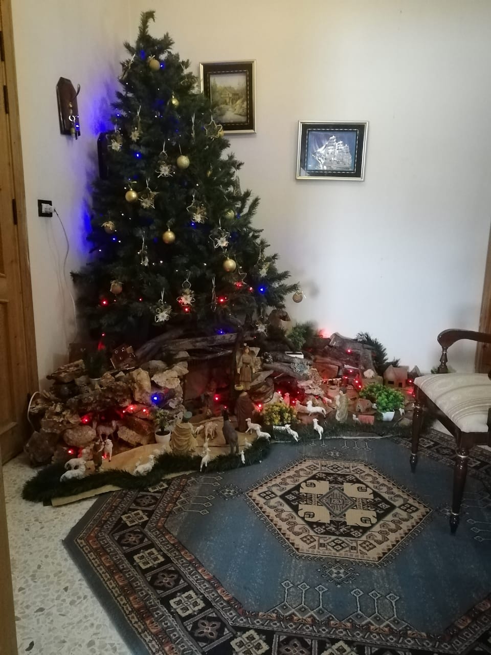 große Krippe vor Weihnachtsbaum
