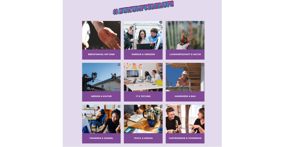 Screenshot vom Jugendblog mit Kacheln, die unterschiedliche Berufsfelder benennen