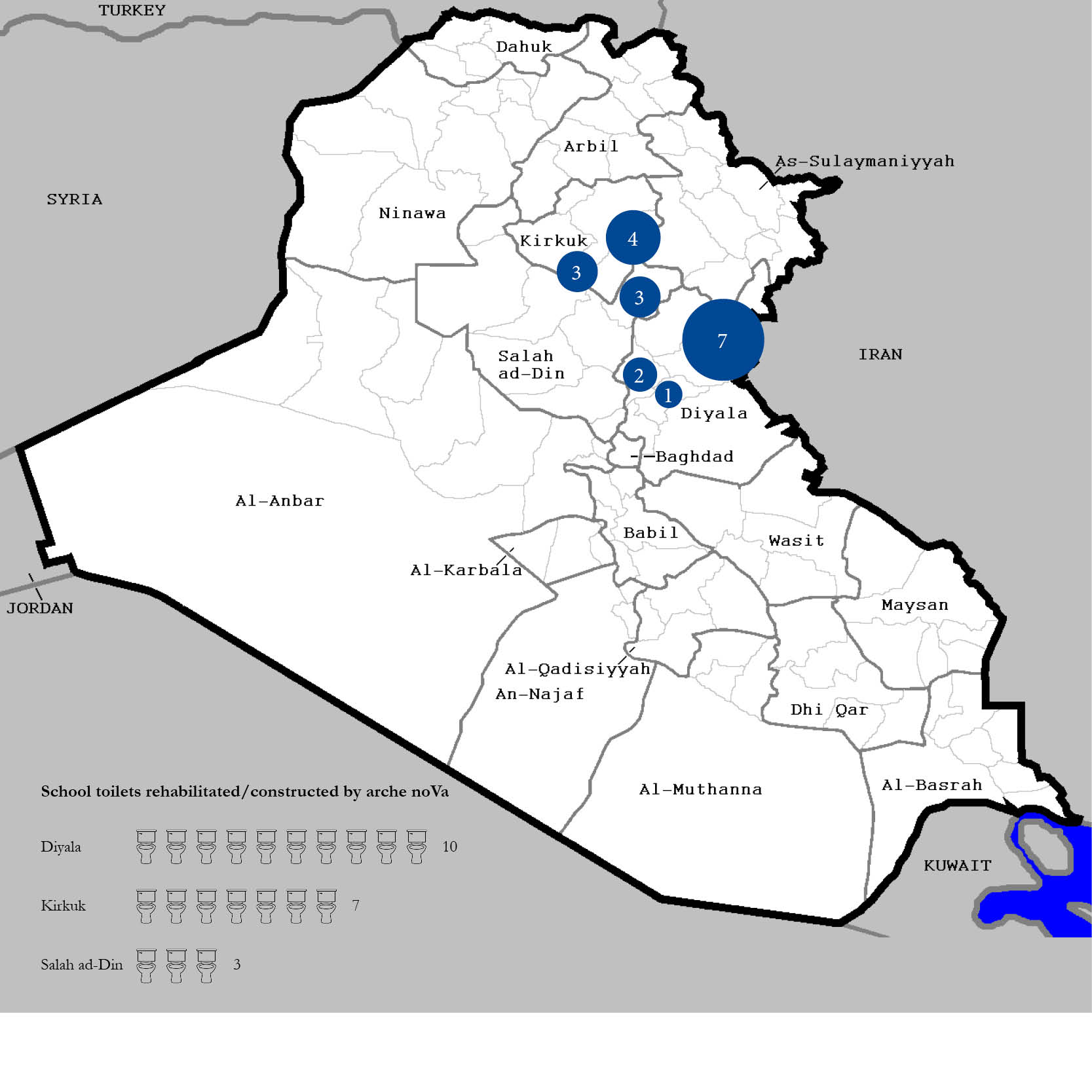 Karte der WASH-Projekte von arche noVa an Schulen im Irak