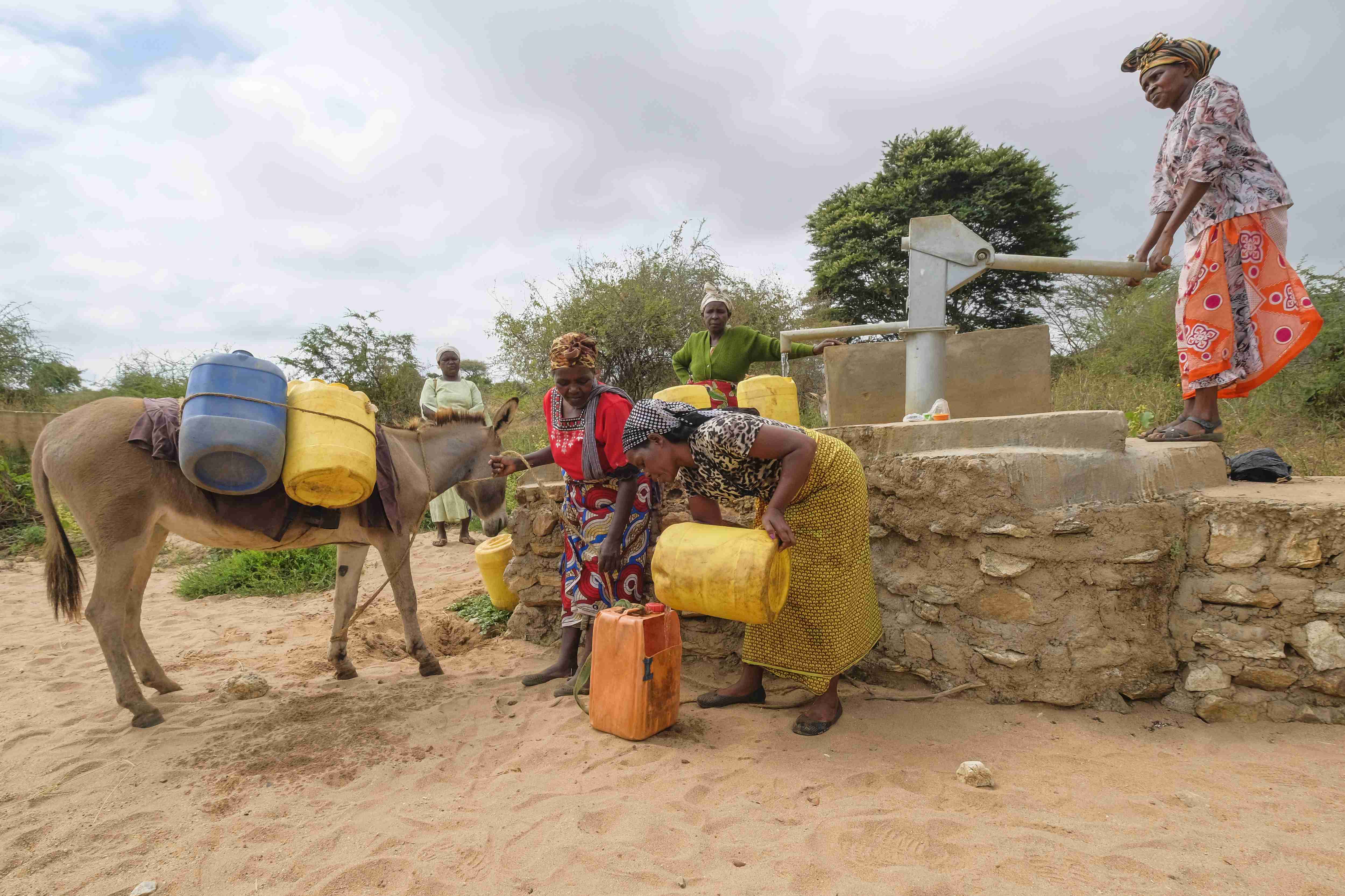 Szene am Brunnen mit Handpumpe. Eine Frau am Schwengel, weitere Frauen füllen Wasser aus Kanistern um. Ein Esel steht dabei, mit Kanistern beladen.
