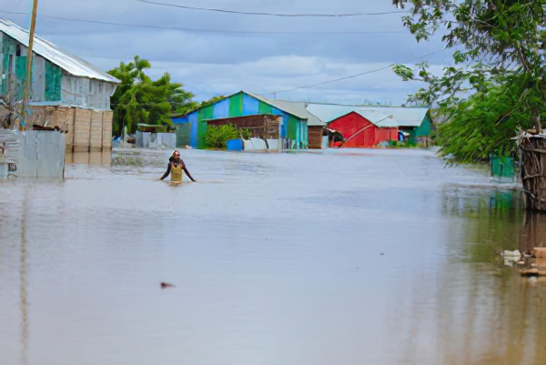 Blick in eine Straße mit drei einstöckigen Häusern, die komplette Freifläche ist überschwemmt, im Wasser eine Person mit nur Oberkörper über Wasser