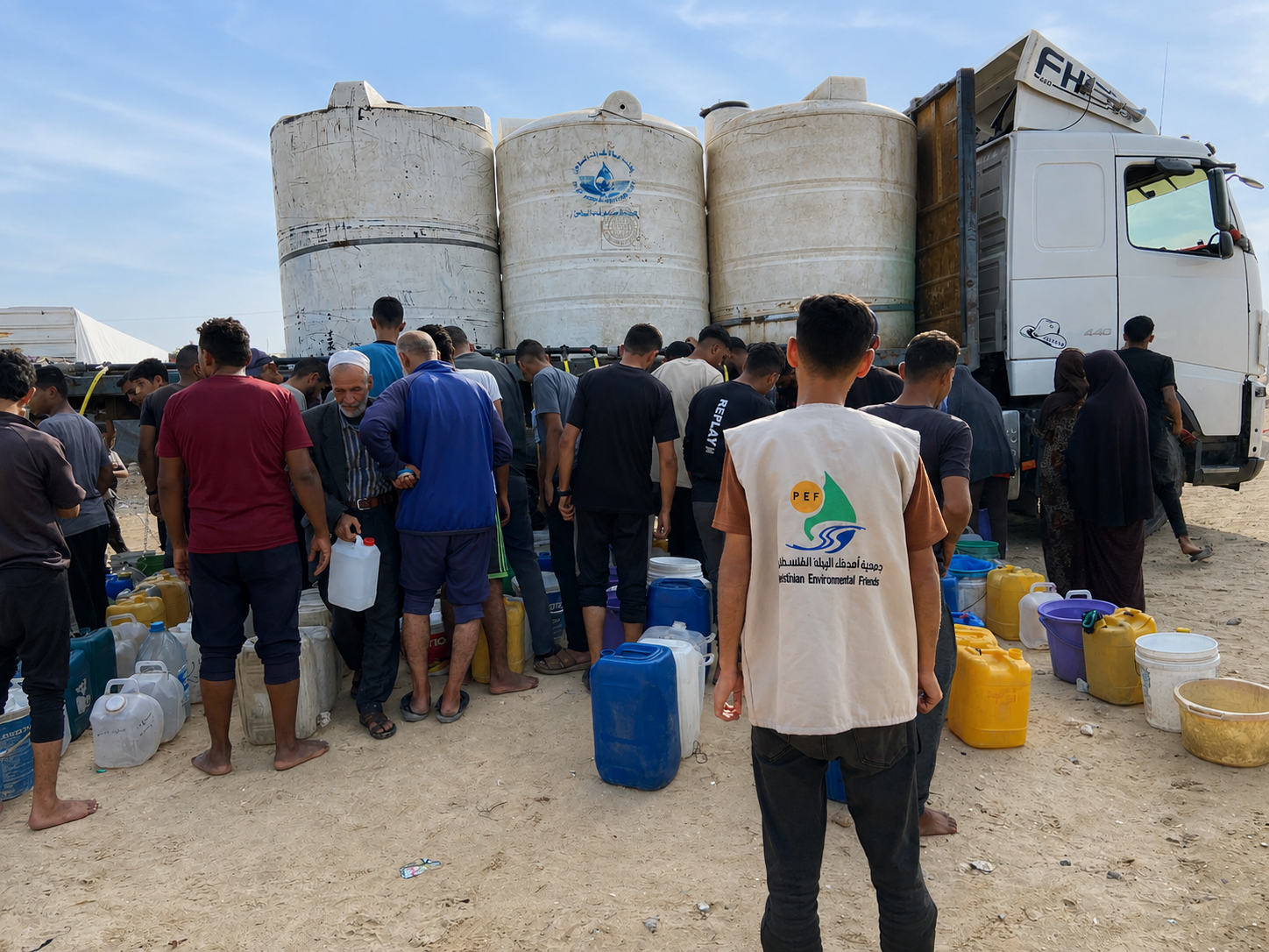Menschenansammlung vor einem Laster mit drei großen, schlanken Wasserkanistern auf der Ladefläche. Im Vordergrund ein Mann von hinten mit Weste der Organisation PEF.